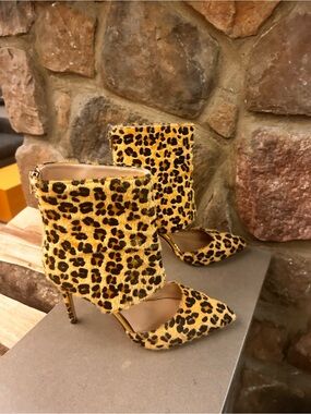 Boots Things II Come Leopard Print Pointed Stiletto Ankle  Calf Hair 8 M